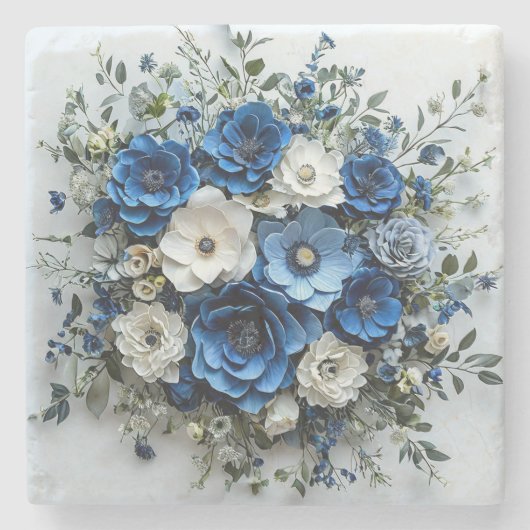 Schönes Blau-Weiß-Blumenarrangement Steinuntersetzer (Vorderseite)