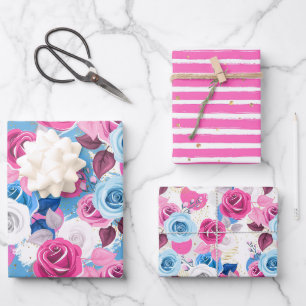Schönes Blau Weiß und Rosa Blumen Streifen Mix Geschenkpapier Set