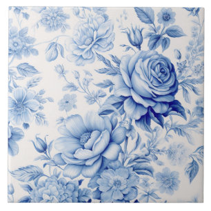 Schönes Blau & Weiße Rosen & Wildblumen Fliese