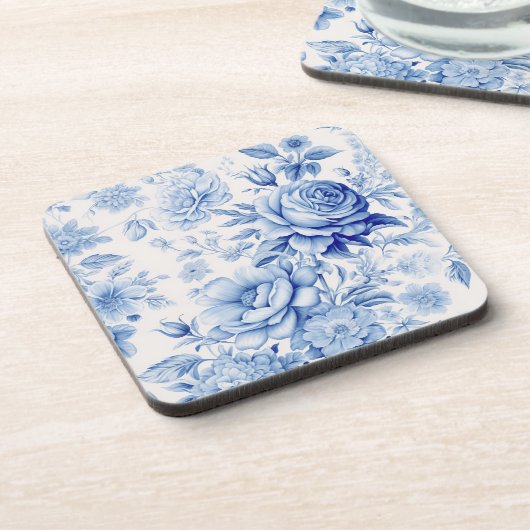 Schönes Blau & Weiße Rosen & Wildblumen Getränkeuntersetzer (Linke Seite)