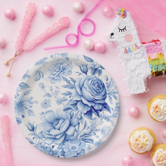 Schönes Blau & Weiße Rosen & Wildblumen Pappteller (Party)