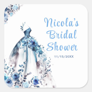 Schönes blaues Blumenkleid Brautdusche Quadratischer Aufkleber