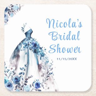 Schönes blaues Blumenkleid Brautdusche Rechteckiger Pappuntersetzer