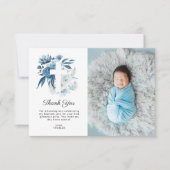 schönes blaues Blumenmuster Taufkarte Foto Dankesc Einladung (Vorderseite)