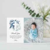 schönes blaues Blumenmuster Taufkarte Foto Dankesc Einladung (Stehend Vorderseite)