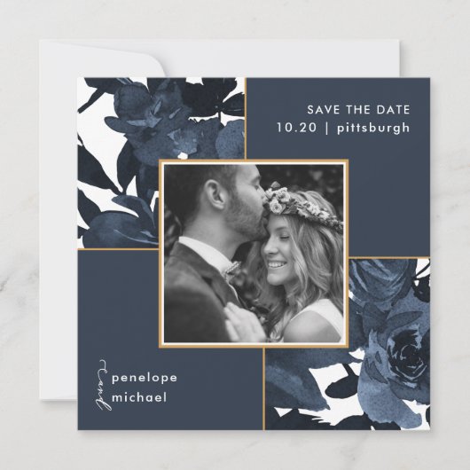 Schönes blaues Foto Hochzeit spart das Datum Save The Date (Vorderseite)