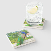 Schönes blaues grünes Pfauen immer Sparkasse Zitat Steinuntersetzer (Seitenansicht)