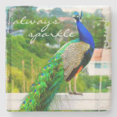 Schönes blaues grünes Pfauen immer Sparkasse Zitat Steinuntersetzer (Vorderseite)