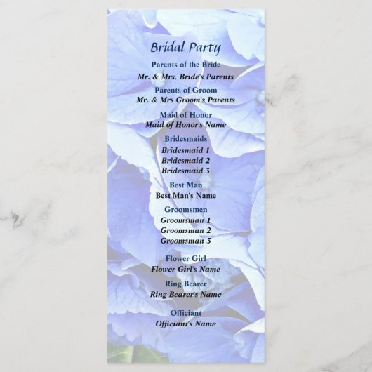 Schönes blaues Hydrangea-Hochzeitsprogramm Programm (Rückseite)