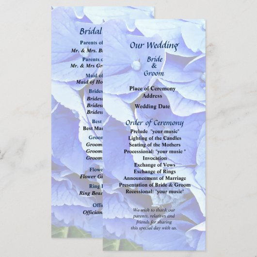 Schönes blaues Hydrangea-Hochzeitsprogramm Programm (Vorne/Hinten)