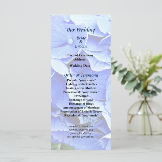 Schönes blaues Hydrangea-Hochzeitsprogramm Programm (Stehend Vorderseite)