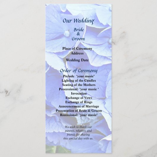 Schönes blaues Hydrangea-Hochzeitsprogramm Programm (Vorderseite)