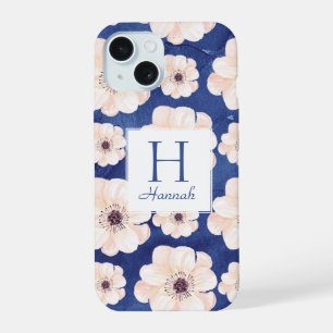 Schönes blaues Pfirsich-Blumenmuster-Monogramm iPhone 15 Hülle