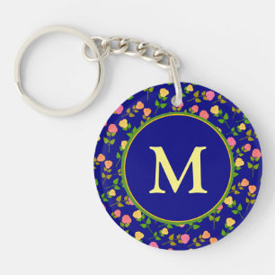 Schönes blaues Rosenmuster Monogramm Schlüsselanhänger