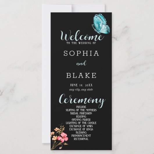 Schönes blaues Schmetterling-Hochzeitsprogramm mit (Vorderseite)