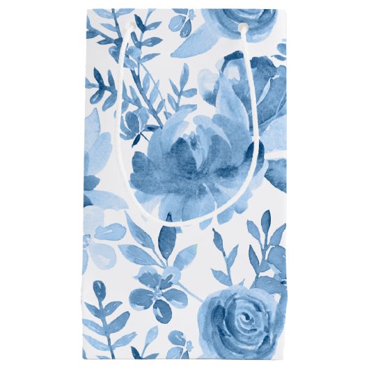 Schönes blaues u. weißes Aquarell mit Blumen Kleine Geschenktüte (Vorderseite)