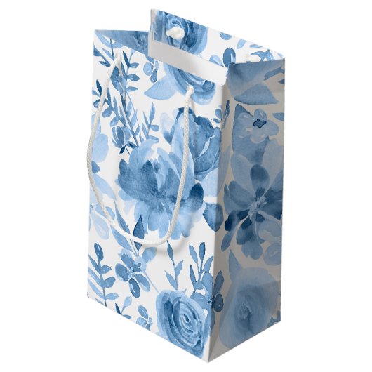 Schönes blaues u. weißes Aquarell mit Blumen Kleine Geschenktüte (Rückseite Schrägansicht)