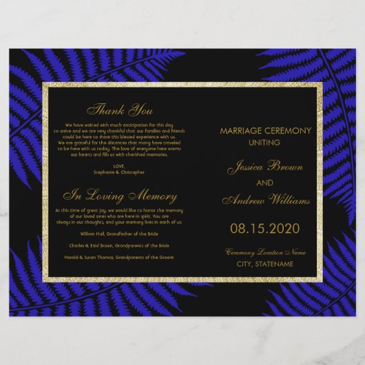 Schönes Blue Leaf Bracken Wedding Programm (Vorderseite)