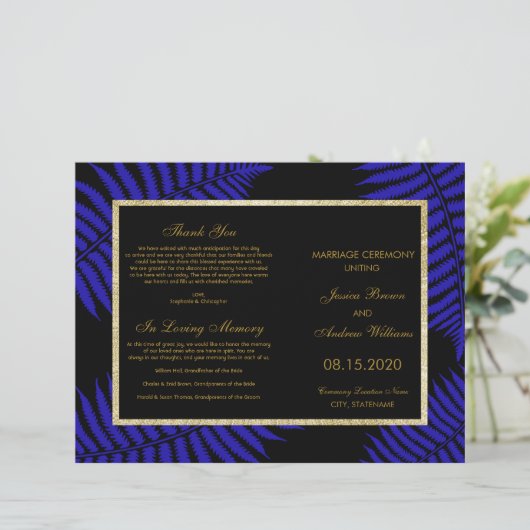 Schönes Blue Leaf Bracken Wedding Programm (Stehend Vorderseite)