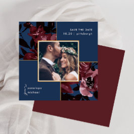 Schönes Blue Watercolor Red Floral Foto Hochzeit Save The Date