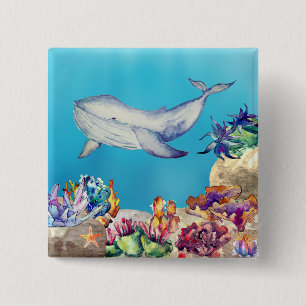 Schönes Blue Whale Watercolor Coral Reef Button