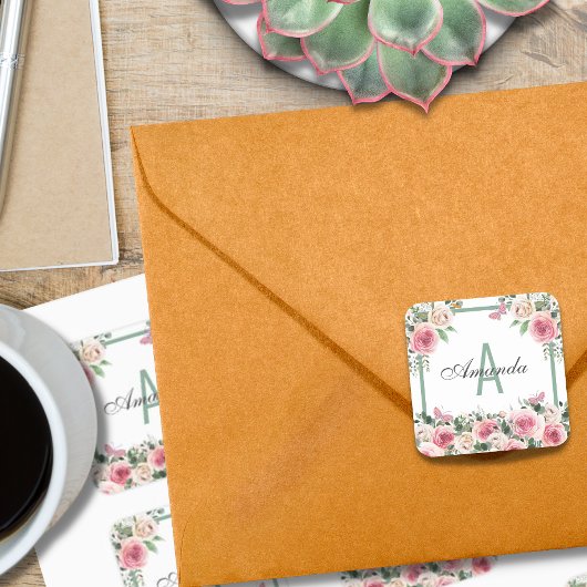 Schönes Blumendesign Monogramm Quadratischer Aufkleber