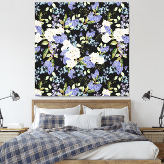 Schönes Blumenmuster Rosen Iris Rosa Blau Leinwanddruck