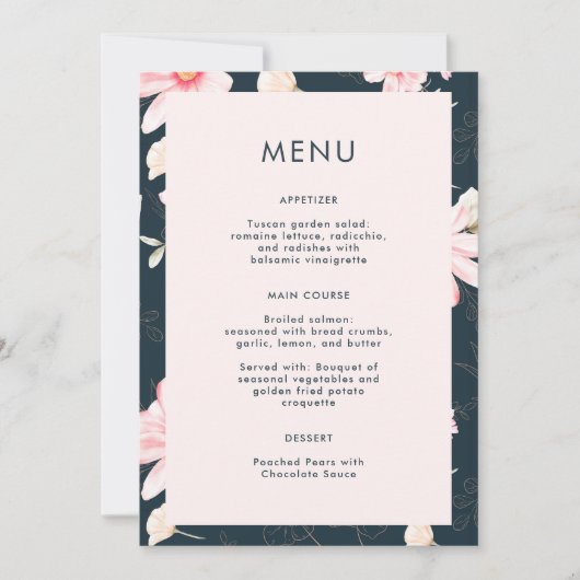 Schönes Blush Blue Wedding Menu (Vorderseite)