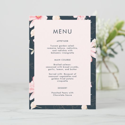 Schönes Blush Blue Wedding Menu (Stehend Vorderseite)