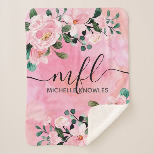 Schönes Blush Pink Floral Trendy Script Monogramm Sherpadecke (Vorderseite)