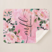Schönes Blush Pink Floral Trendy Script Monogramm Sherpadecke (Vorderseite (Horizontal))