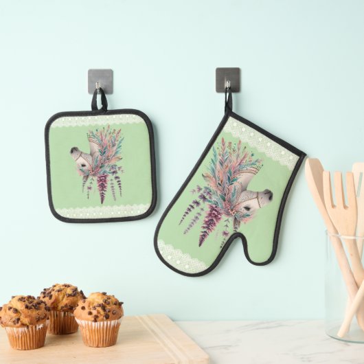 Schönes Boho-Pferd Ofenhandschuh & Topflappen-Set (Insitu (Hängend))