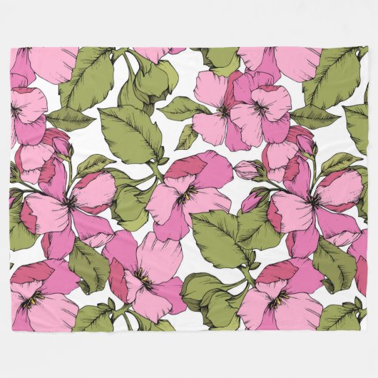 Schönes botanisches Blumenmuster rosa grün Fleecedecke (Vorderseite (Horizontal))