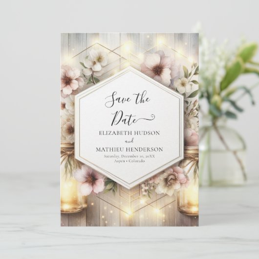 Schönes botanisches Mason Jar Wedding Save The Date (Stehend Vorderseite)