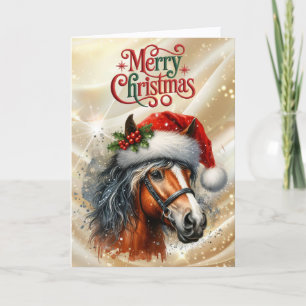 Schönes Braunes Pferd in Weihnachtsmannmütze Feiertagskarte
