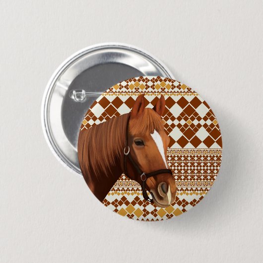 Schönes, braunes Pferd über das geometrische Muste Button (Vorne & Hinten)