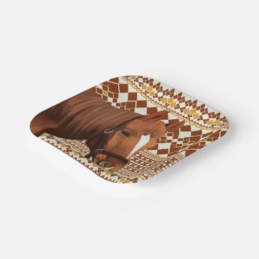 Schönes, braunes Pferd über das geometrische Muste Pappteller (Gewinkelt)