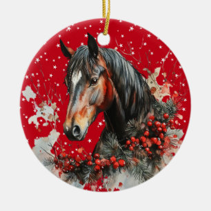 SCHÖNES BRAUNES UND WEIßES CHRISTMAS-PFERD KERAMIK ORNAMENT