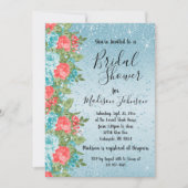 Schönes Brautparty mit Blumen - Blau & Korallen Einladung (Vorderseite)