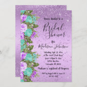 Schönes Brautparty mit Blumen - Lila und Aquamarin Einladung (Vorne/Hinten)