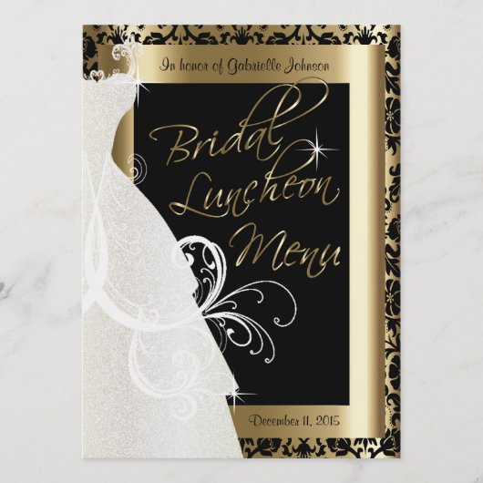 Schönes Bridal-Menü in Gold & Black Damask Menükarte (Vorderseite)