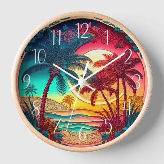 schönes, buntes Palmen Strandhaus Uhr (Vorderseite)