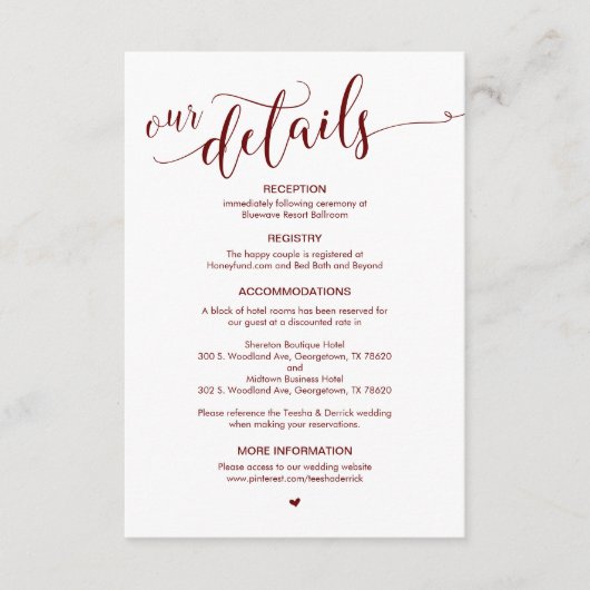 Schönes, Burgund-Script, unsere Hochzeitdetails Begleitkarte (Vorderseite)