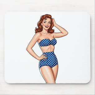 Schönes Button-Up Rothaarfrau in blauem Badeanzug Mousepad
