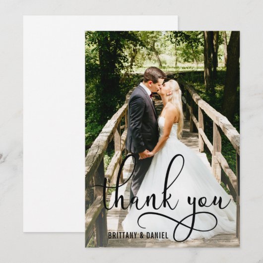 Schönes Calligraphy Script Foto Wedding Dankeskarte (Vorne/Hinten)