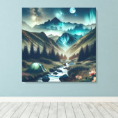 Schönes Camping mit Bergen und Zelt Leinwanddruck (Insitu (Holzboden))