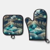 Schönes Camping mit Bergen und Zelt Ofenhandschuh & Topflappen-Set (Vorderseite)