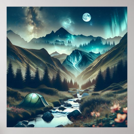 Schönes Camping mit Bergen und Zelt Poster (Vorne)