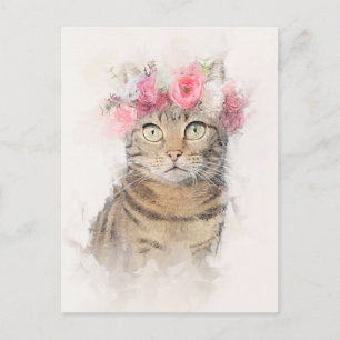 Schönes Cat Blume Crown Portrait Postkarte