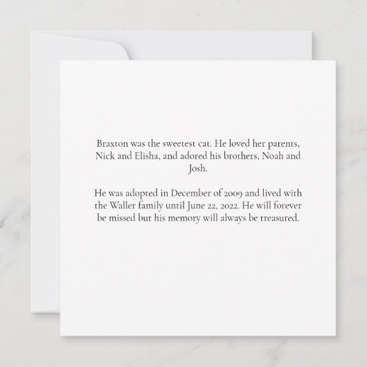 Schönes Cat Memorial Custom Pet Foto Keepake Karte (Rückseite)